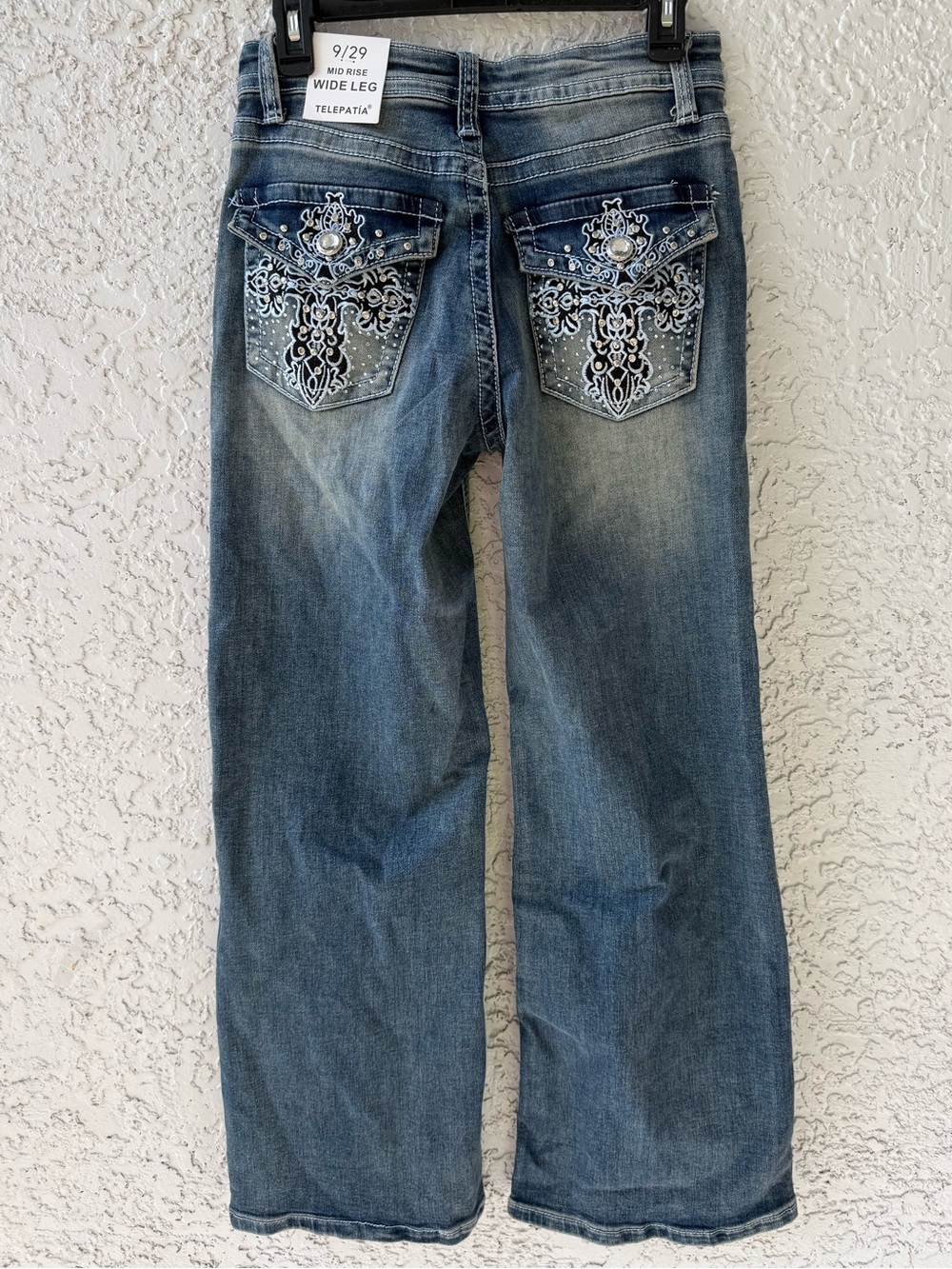 New Telepatia Mid Rise Wide Leg denim Jeans blue stretchy size 9/29